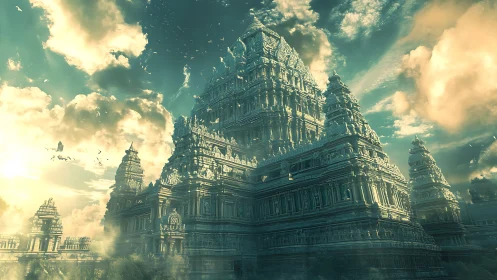 Mythic stone temple rises beneath storm lit emerald sky.