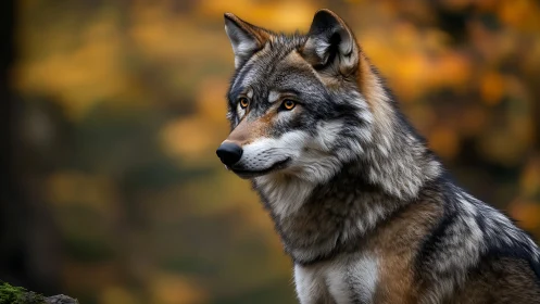 Timber wolf portrait against soft autumn forest bokeh.