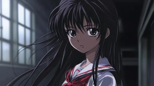 Anime schoolgirl portrait in moody corridor with dynamic lighting