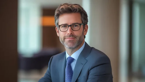 Middle-aged man in suit sits in softly lit office interior