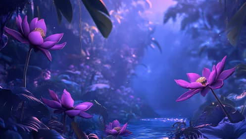 Moonlit lotus cove where twilight turns petals to jewels.