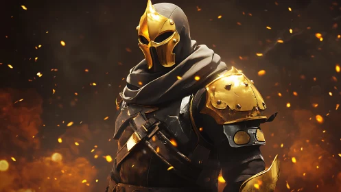 Armored warrior stands in ember-filled atmospheric scene