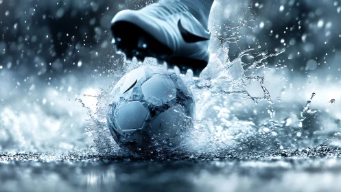 Explosive soccer kick slamming wet ball through storm spray.