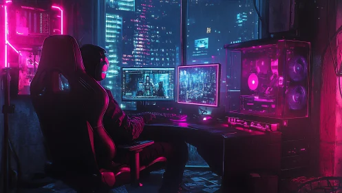 Neon coder at midnight command, glowing over cyber city.
