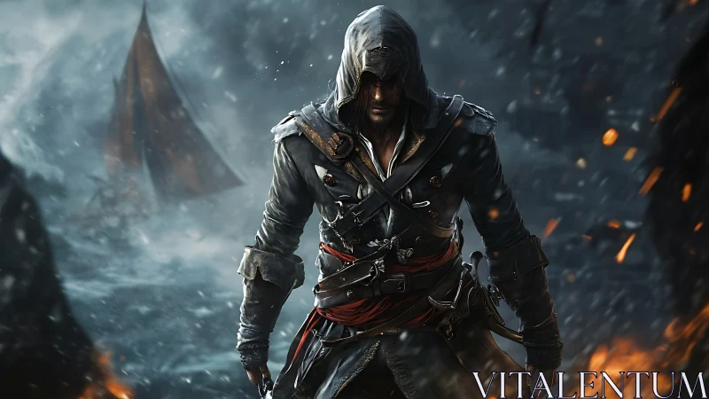 Hooded rogue in leather battle gear amid storm and embers