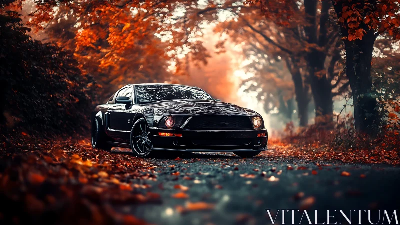 Muscle car glides through cinematic autumn forest road.