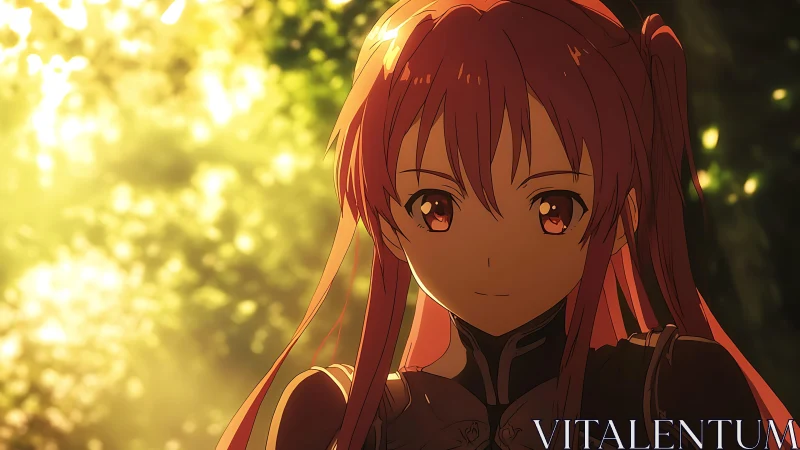 Sunlit anime heroine stands in glowing forest bokeh light.