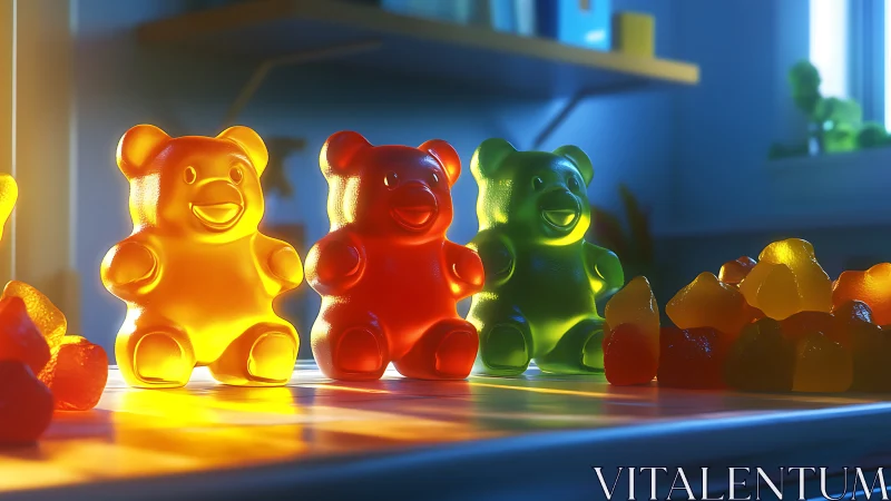 Translucent gummy bear figurines with colored light illumination