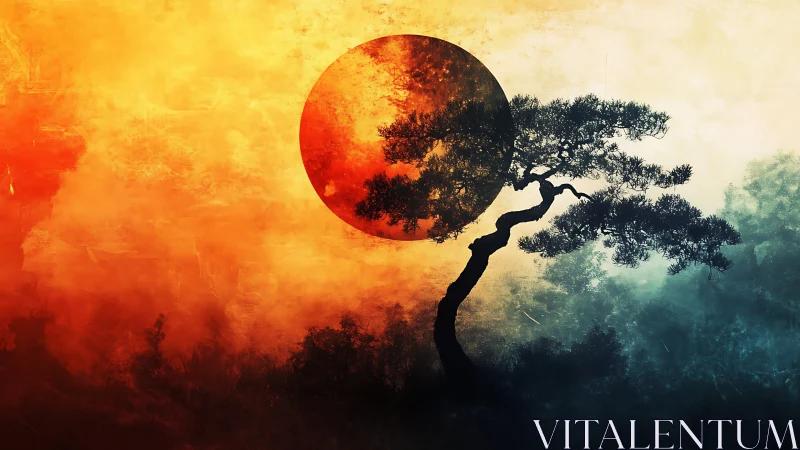 Fiery sun embraces a lone twisted tree in calm mist