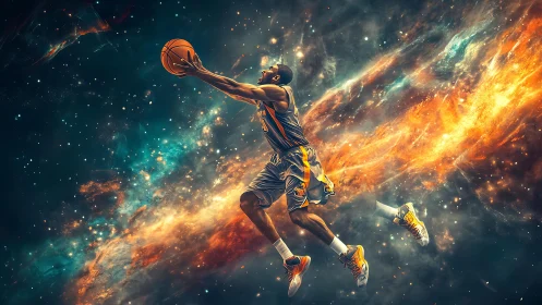 Cosmic basketball player soars through a blazing galactic sky