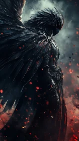Armored dark seraph with obsidian wings in ember storm