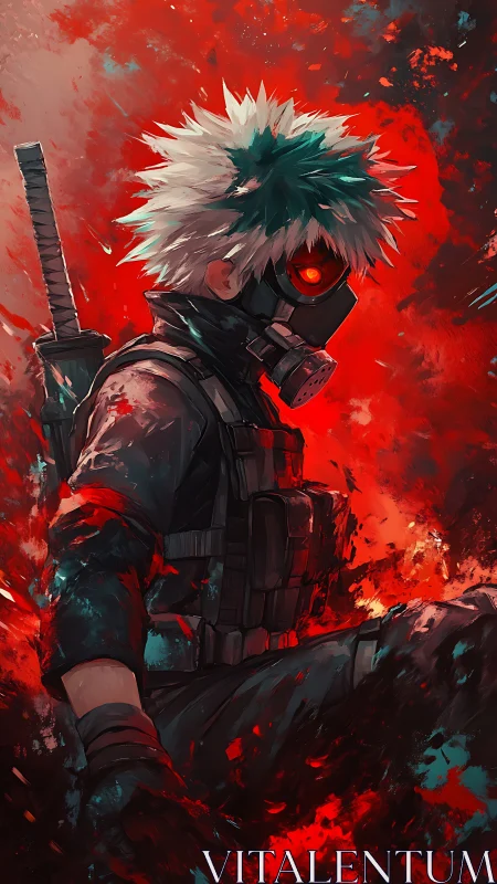 Masked anime warrior rests amid blazing red chaos.