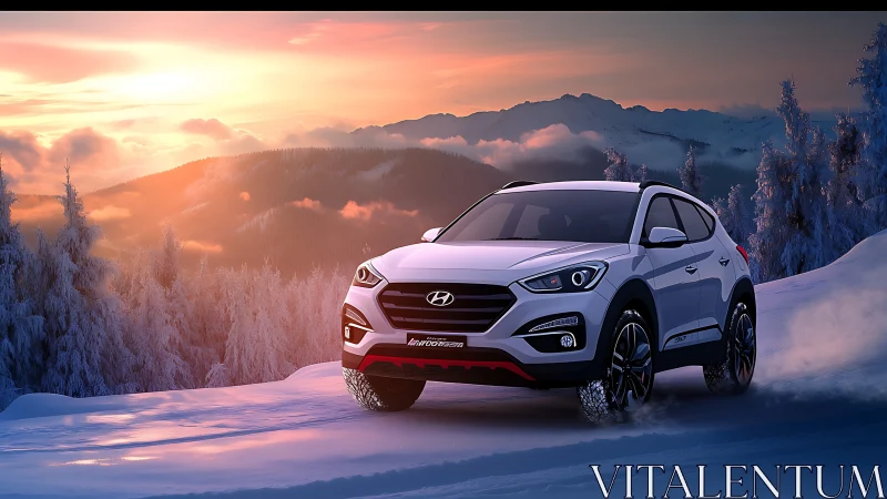 Winter sunset crowns the bold white SUV carving frosty trails
