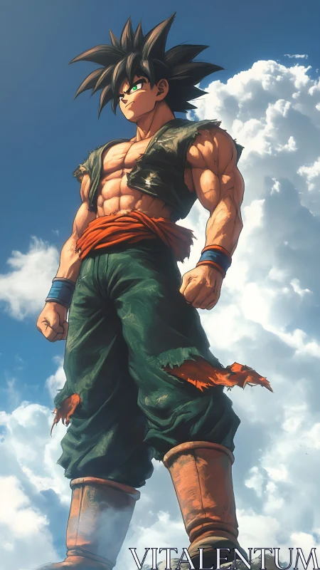 Heroic anime warrior rendered in dynamic low-angle composition