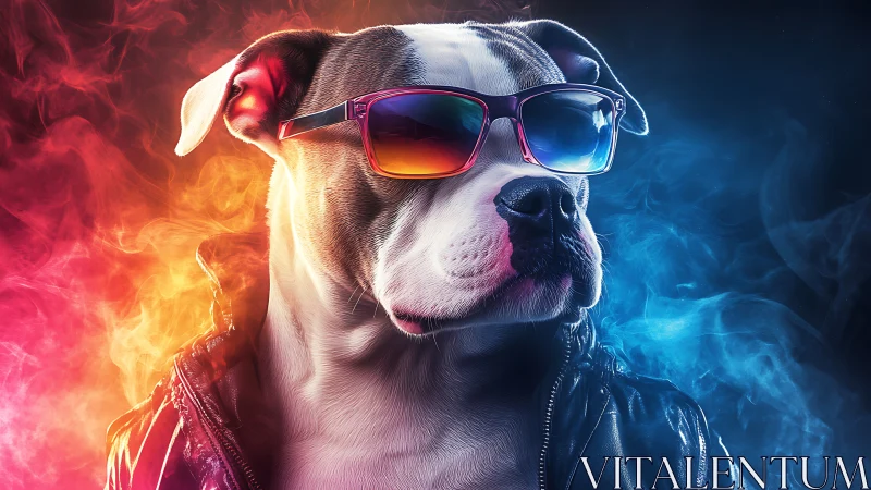 Stylized bulldog portrait with neon bicolor lighting and sunglasses