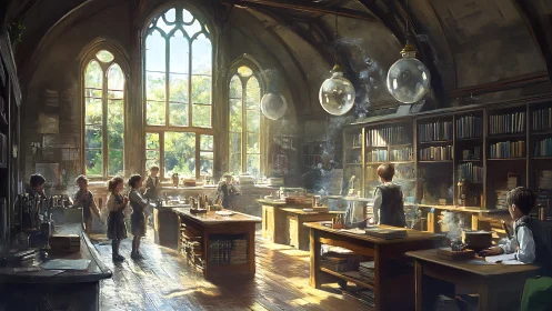 Children in vintage laboratory classroom with tall arched windows.