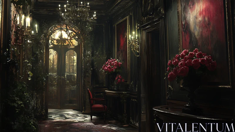 Baroque corridor with gilded doors and crimson florals.