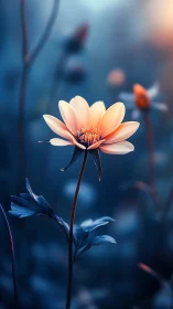 Glowing Peach Flower Blooming in Serene Blue Twilight Garden