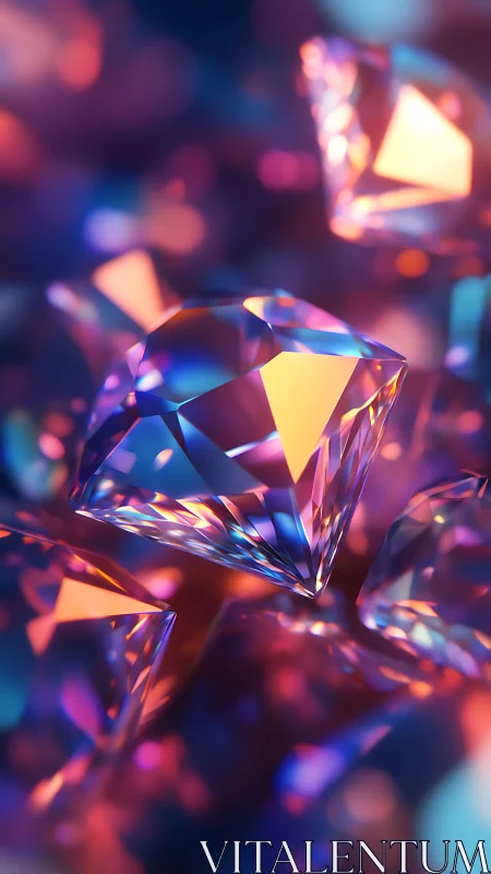Colorful faceted crystals in soft neon bokeh light.