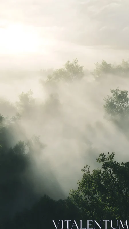 Sunbeams slice through mist over a tranquil forest valley.