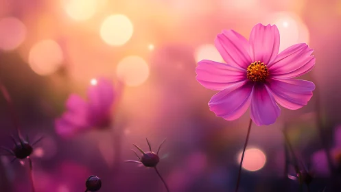 Vibrant Pink Cosmos Flower Glowing in Soft Golden Sunlight