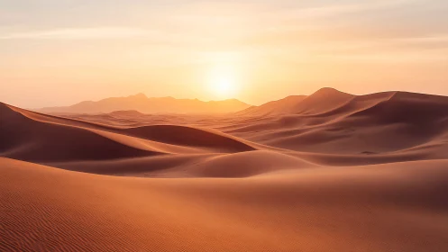 Low-angle sun illuminates wind-sculpted desert dunes with soft haze