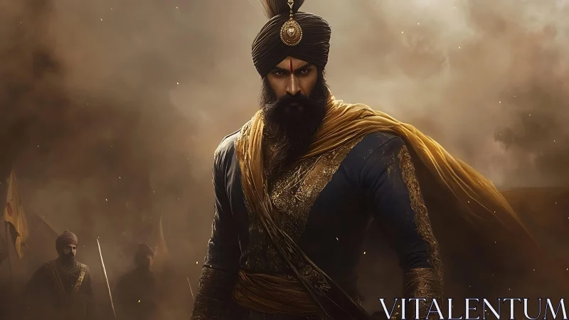 Warrior leader in ornate turban and armor amid battle smoke.