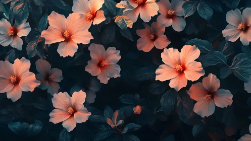 Coral Blooms Against Deep Teal. Radiant Floral Arrangement.