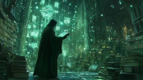 Mystic scholar studies glowing tome in vast arcane library.