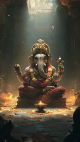 Digital depiction shows seated Ganesha statue in lit shrine