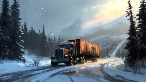 Snowbound freight truck climbing icy forest mountain road.
