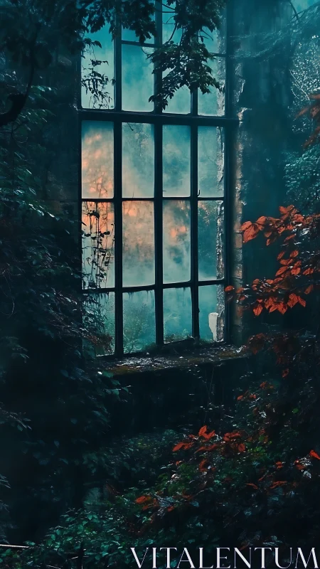 Misty forest window welcomes a quiet, overgrown ruin