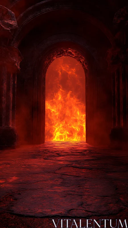 Inferno Gateway: Ancient Stone Archway Reveals Blazing Fire.
