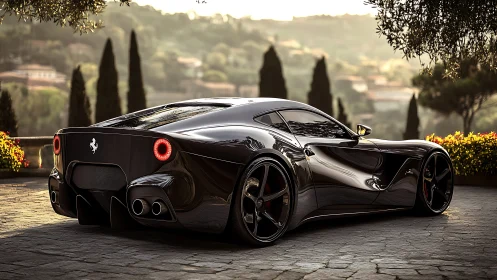 Black sports coupe parked on stone terrace at hillside estate.