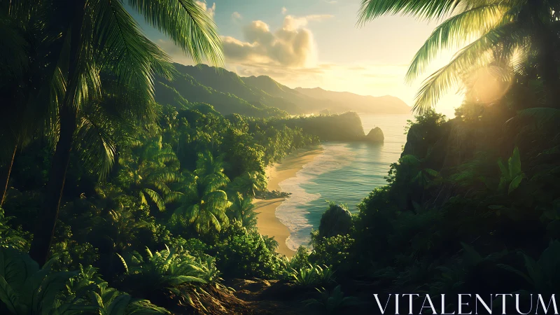 Tropical Coastal Valley with Palm Framing at Sunset.