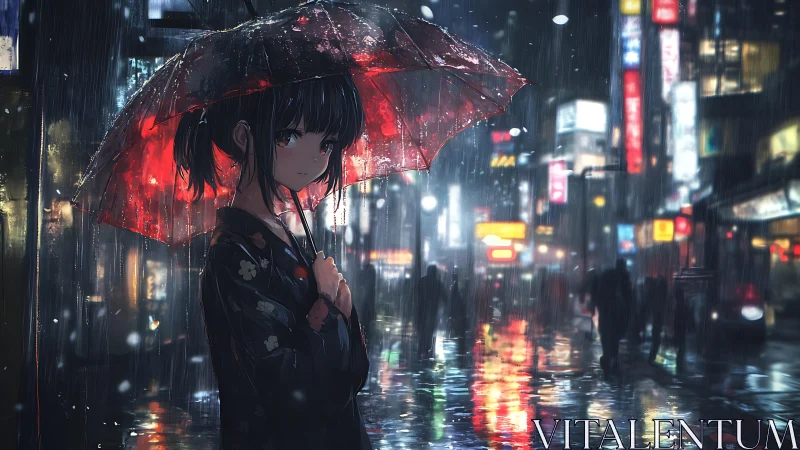 Anime night rain portrait under neon city umbrella lighting.