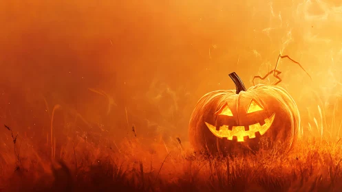 Glowing Jack-O-Lantern in Fiery Field.