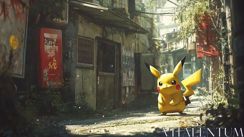 Pikachu explores a sunlit overgrown alleyway in quiet decay