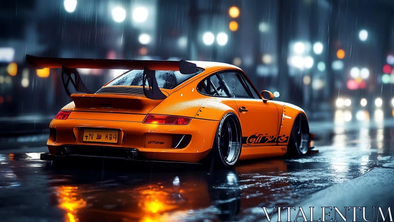 Orange widebody GT sports car idles on rain-soaked neon street