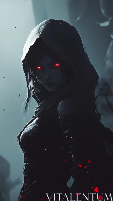 Dark hooded sorceress with glowing red eyes in mist.