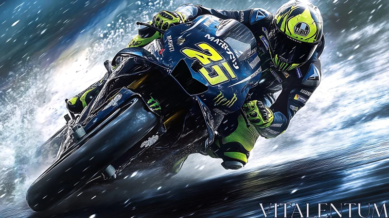Motorcycle racer cornering on wet track in close perspective.