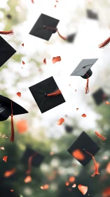 Joyful caps in flight over a sunlit graduation garden.