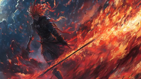 Armored warrior with flaming spear in turbulent inferno scene.