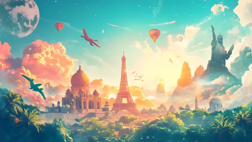 Global landmarks in a vibrant fantasy skyscape panorama.