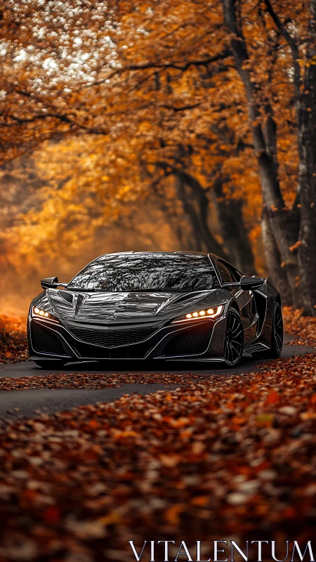 Midnight supercar prowls through molten autumn forest road.
