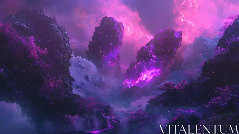 Luminescent purple rock spires rise through dense glowing clouds