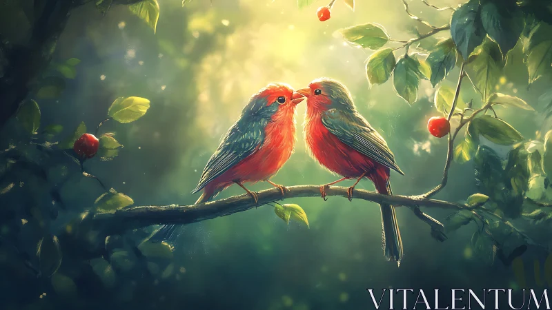 Two Red Birds on a Branch in Dreamy Digital Art Style.