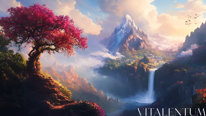 Blossom-lit cliffside path into a misty mountain valley.