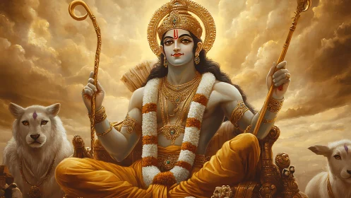 Divine regal figure enthroned amid golden stormlit clouds