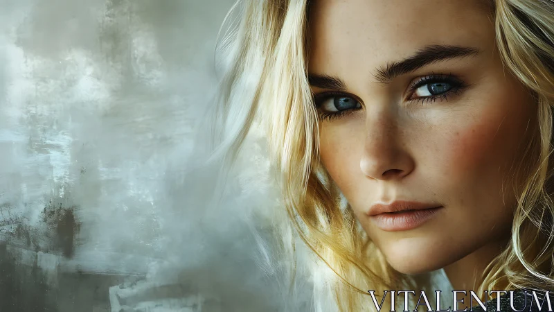 Close portrait of blonde woman with intense blue eyes.